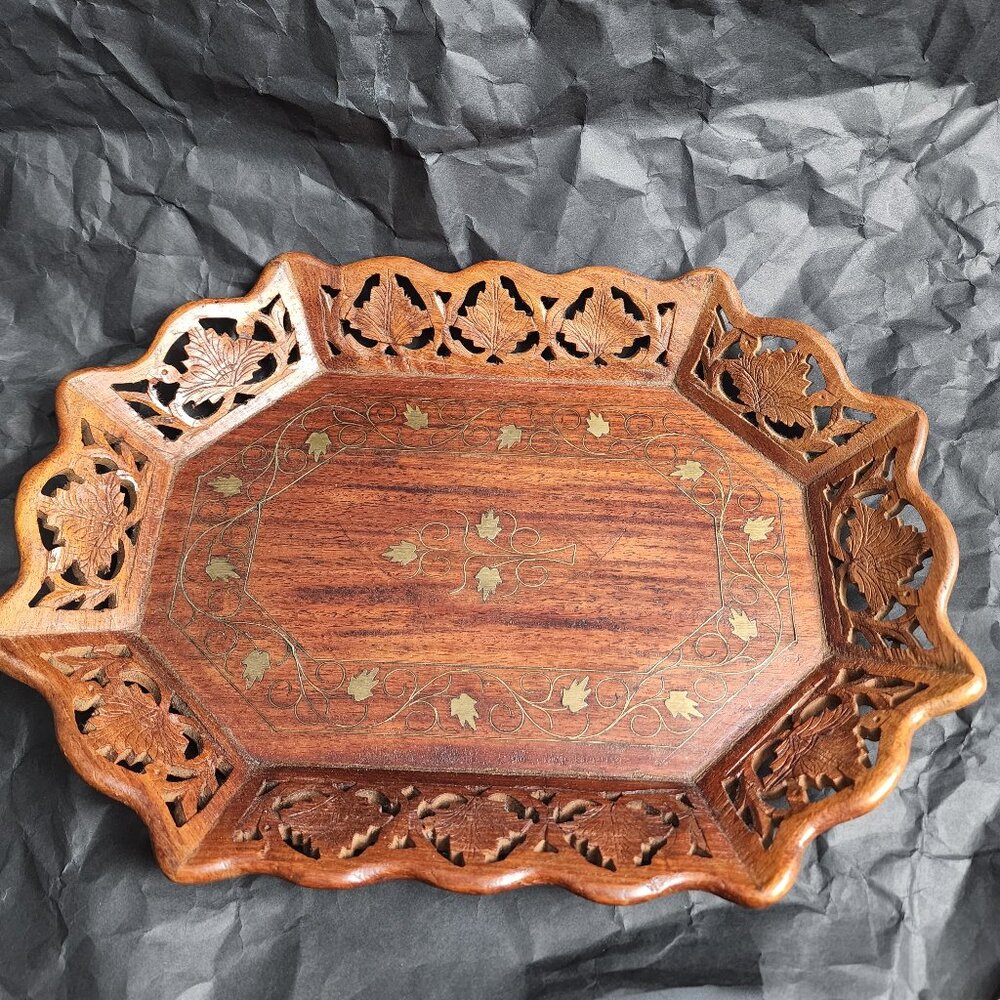 Antique vintage hand carved decorative Wood brass inlY tray catchall